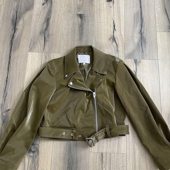 Cinq a Sept Palo Faux Leather Biker Moto Jacket Size Small Olive Green Cropped - Picture 4 of 12
